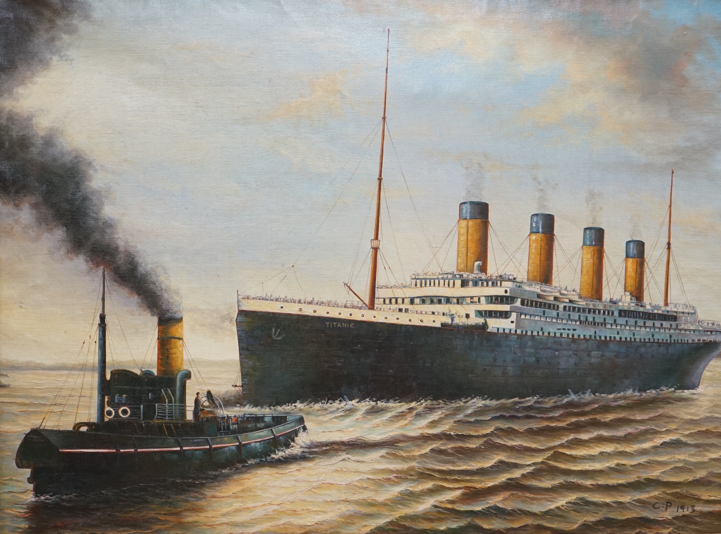 English School, oil on canvas, 'The Titanic leaving harbour', bears initials CP and date 1913, 74 x 100cm
